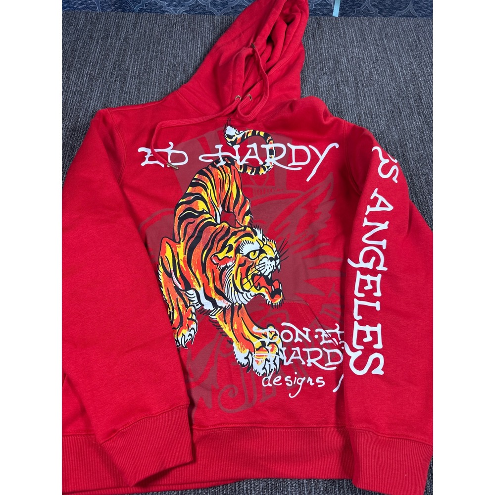 Ed Hardy Mens Tiger Graphic Hoodie Red Los Angeles Pullover Sweatshirt Small NEW